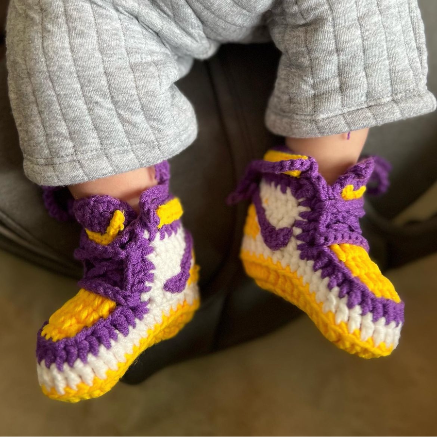 Baby Crochet Sneakers - AJ1 Lakers - Baby Sneakers Shop - unisex baby crochet shoes